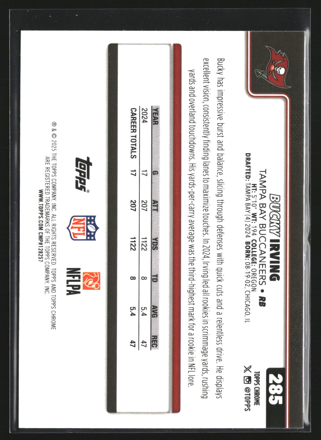 Bucky Irving 2025 Topps Chrome 285 Tampa Bay Buccaneers