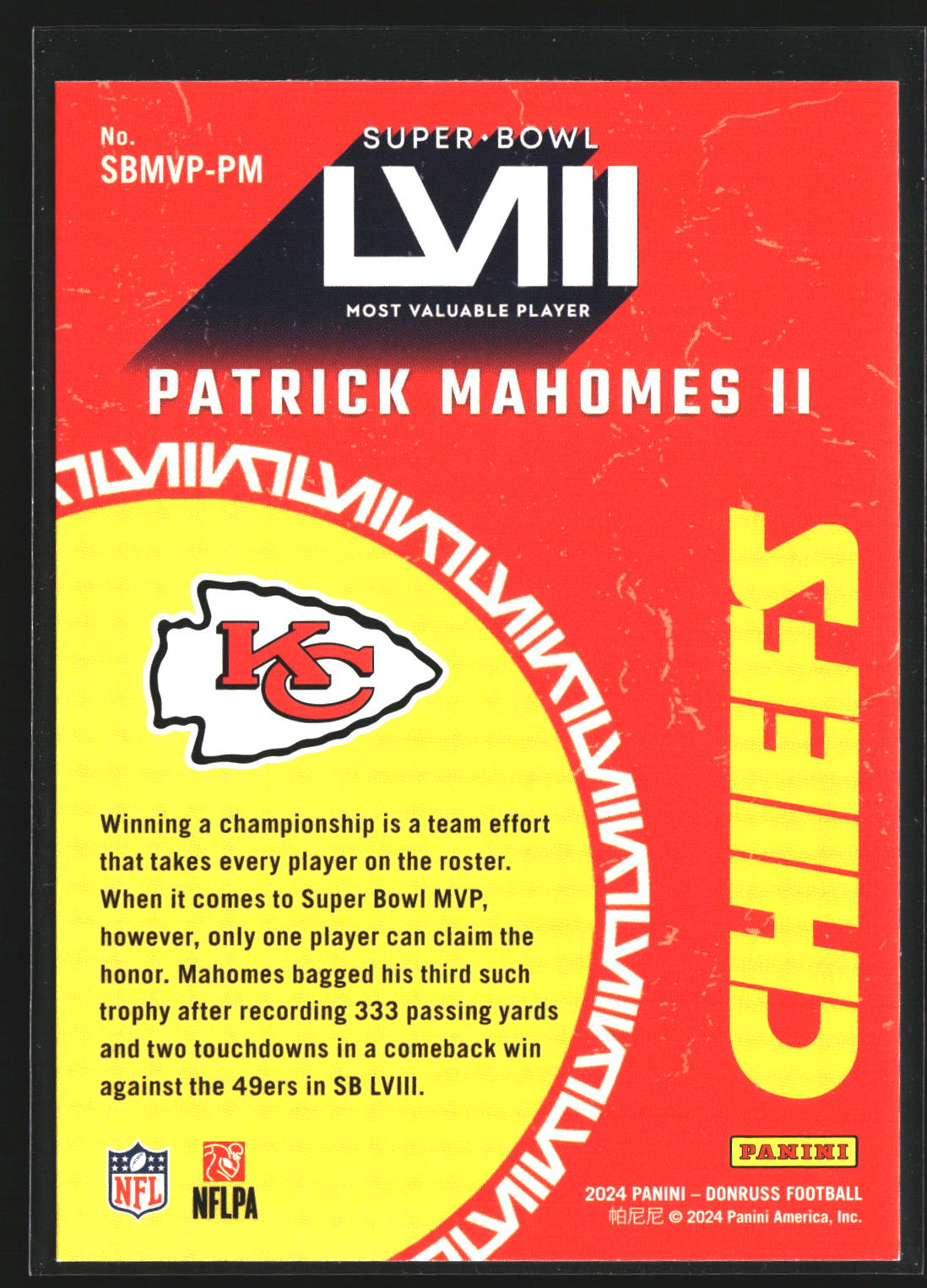 Patrick Mahomes II 2024 Donruss SBMVP-PM Super Bowl MVP Kansas City Chiefs