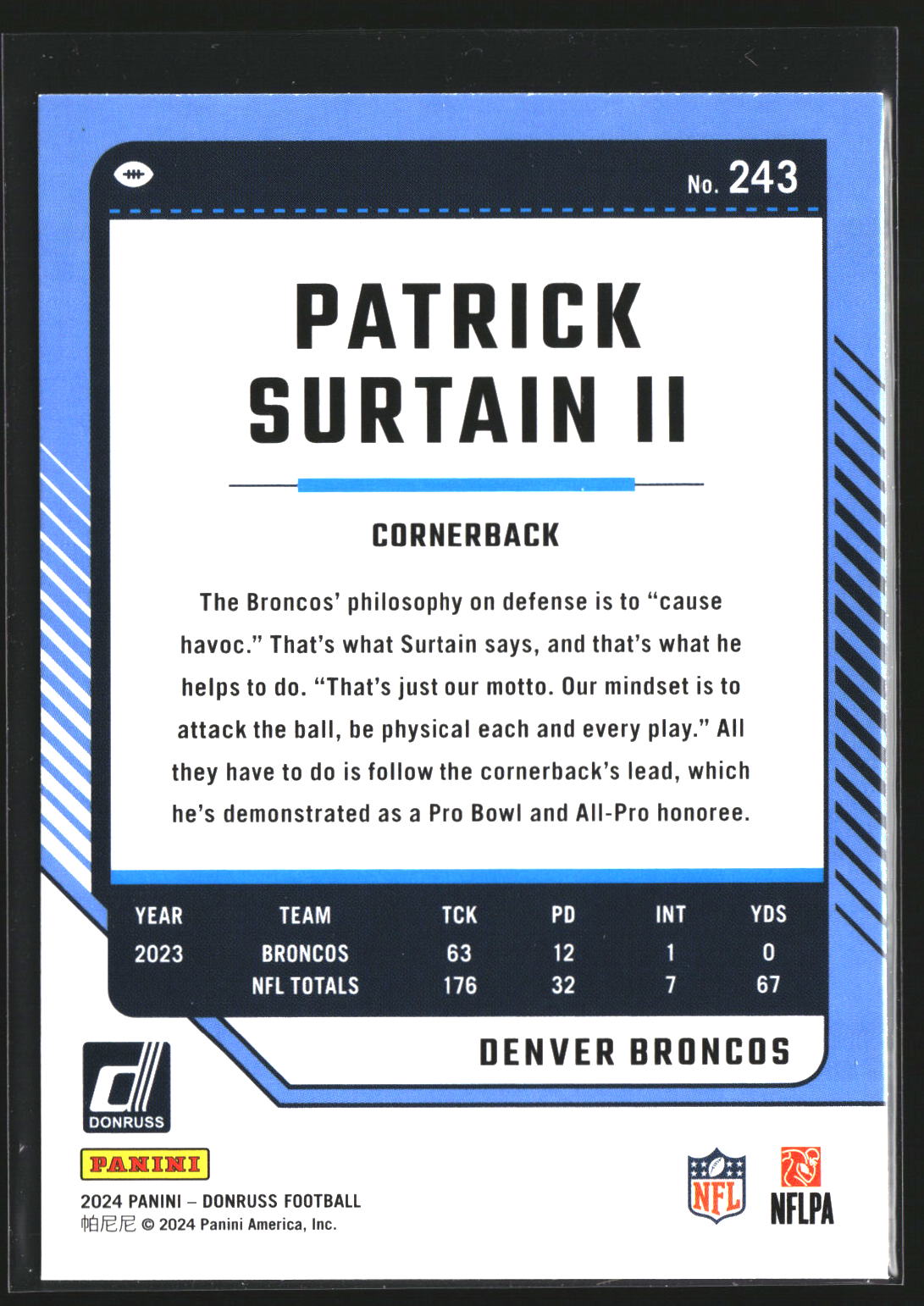 Patrick Surtain II 2024 Donruss 243 Press Proof Green Denver Broncos