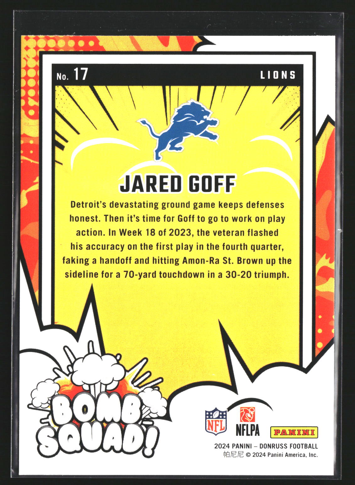 Jared Goff 2024 Donruss 17 Bomb Squad Detroit Lions