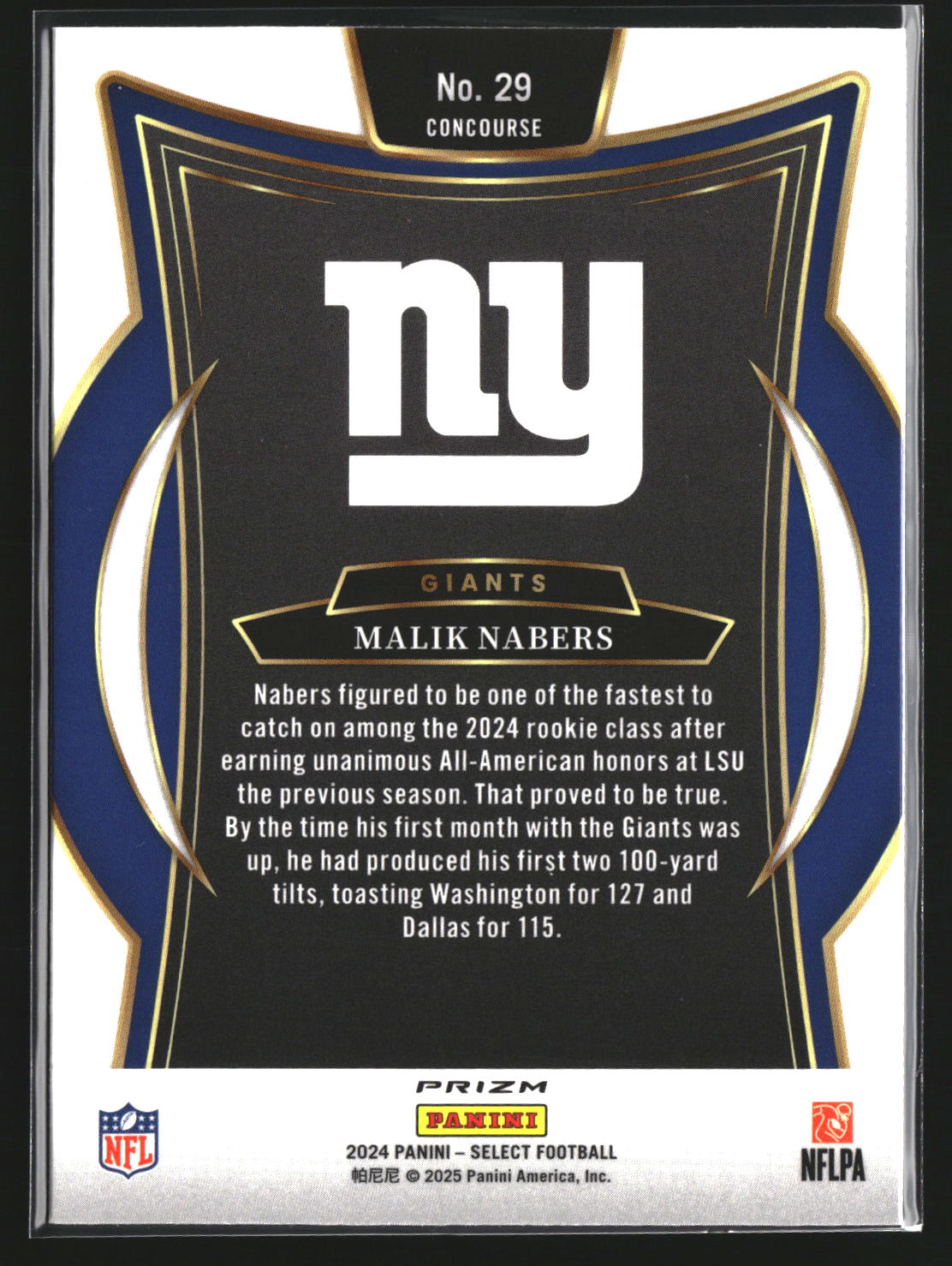 Malik Nabers 2024 Panini Select 29 Red & Yellow Prizm Shock RC Giants