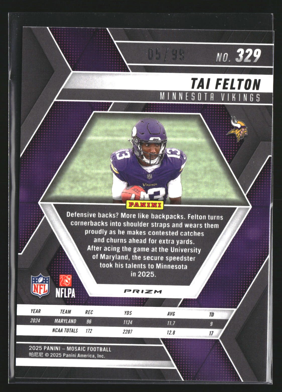 Tai Felton 2025 Panini Mosaic 329 Mosaic No Huddle Blue /99 RC Vikings
