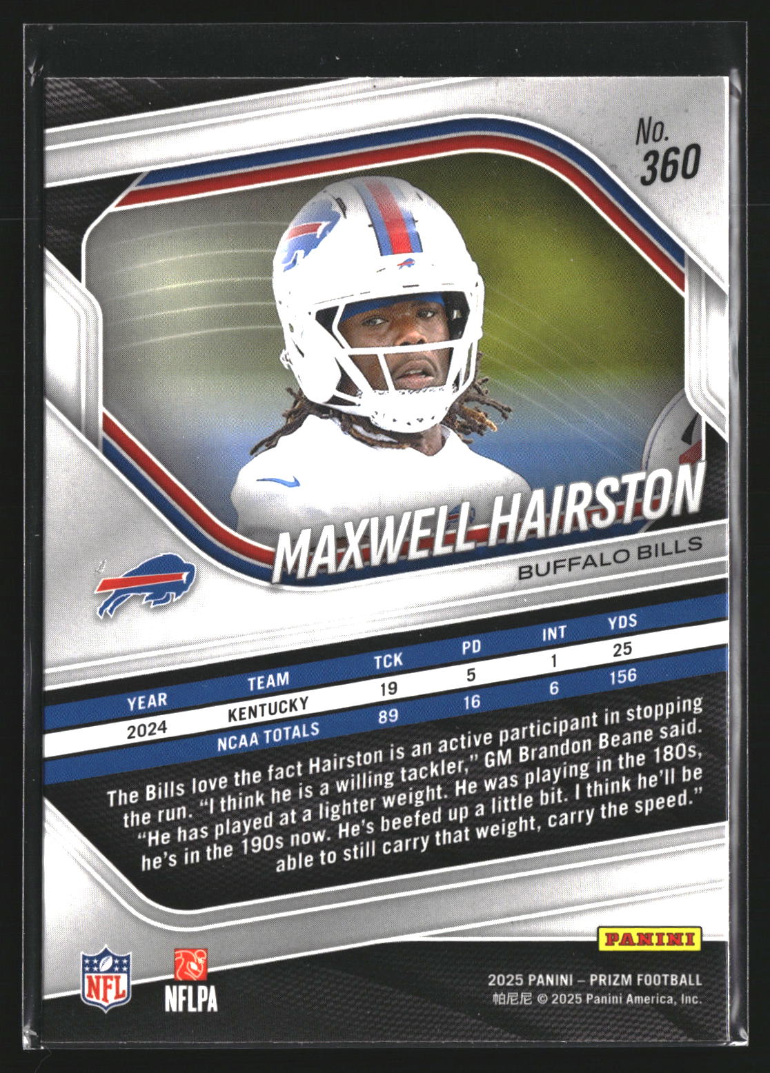 Maxwell Hairston 2025 Panini Prizm 360 RC RC Buffalo Bills
