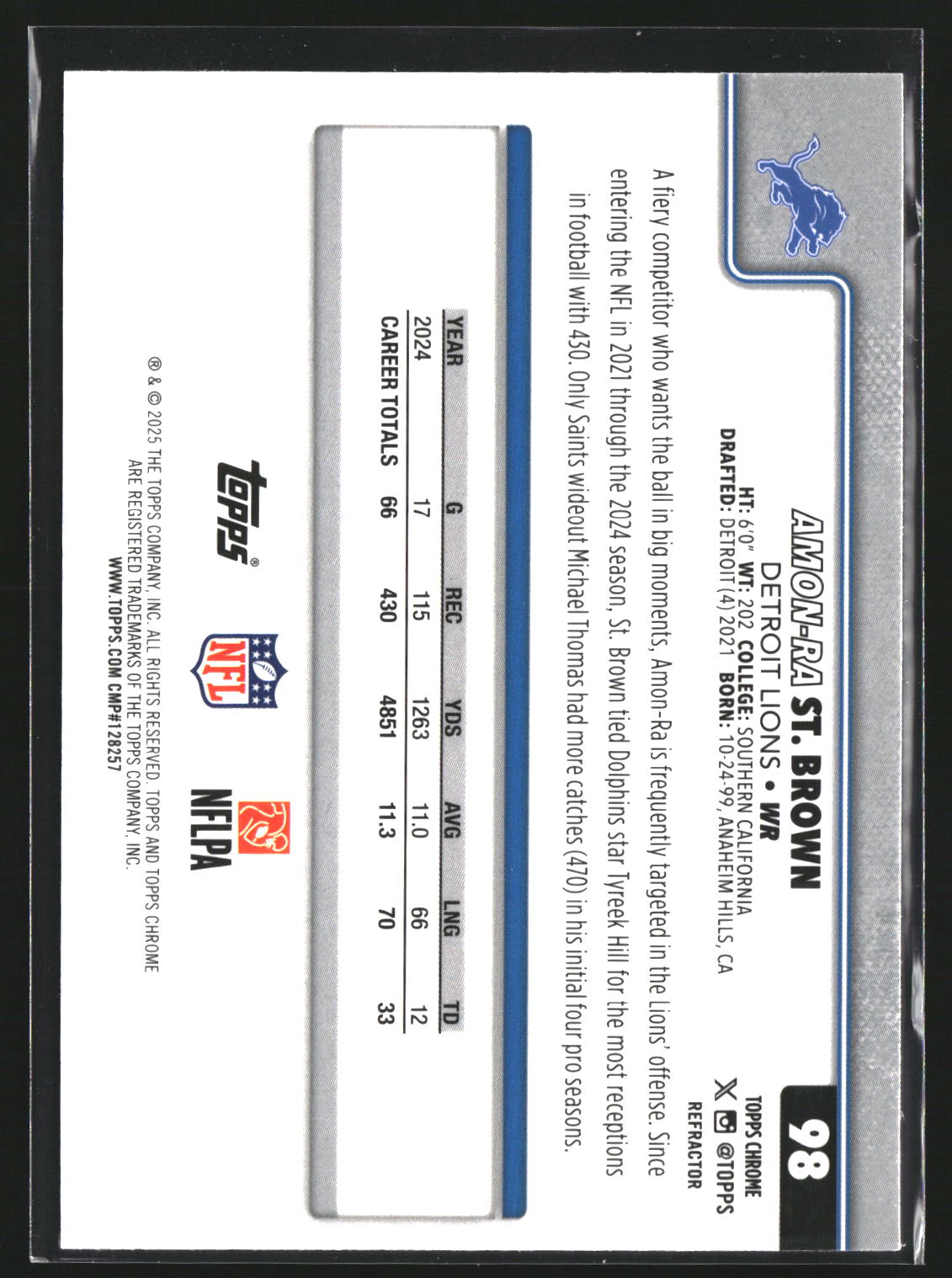 Amon-Ra St. Brown 2025 Topps Chrome 98 Refractor Detroit Lions