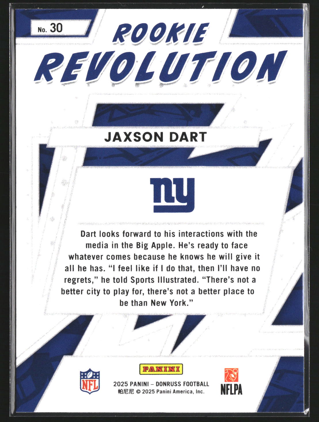 Jaxson Dart 2025 Donruss 30 Rookie Revolution New York Giants