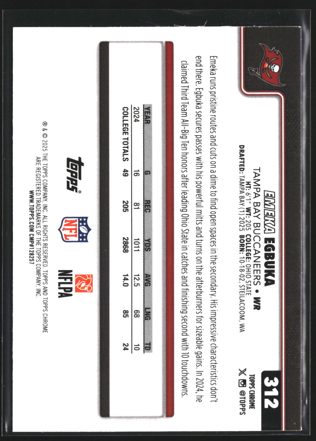 Emeka Egbuka 2025 Topps Chrome 312 RC RC Tampa Bay Buccaneers