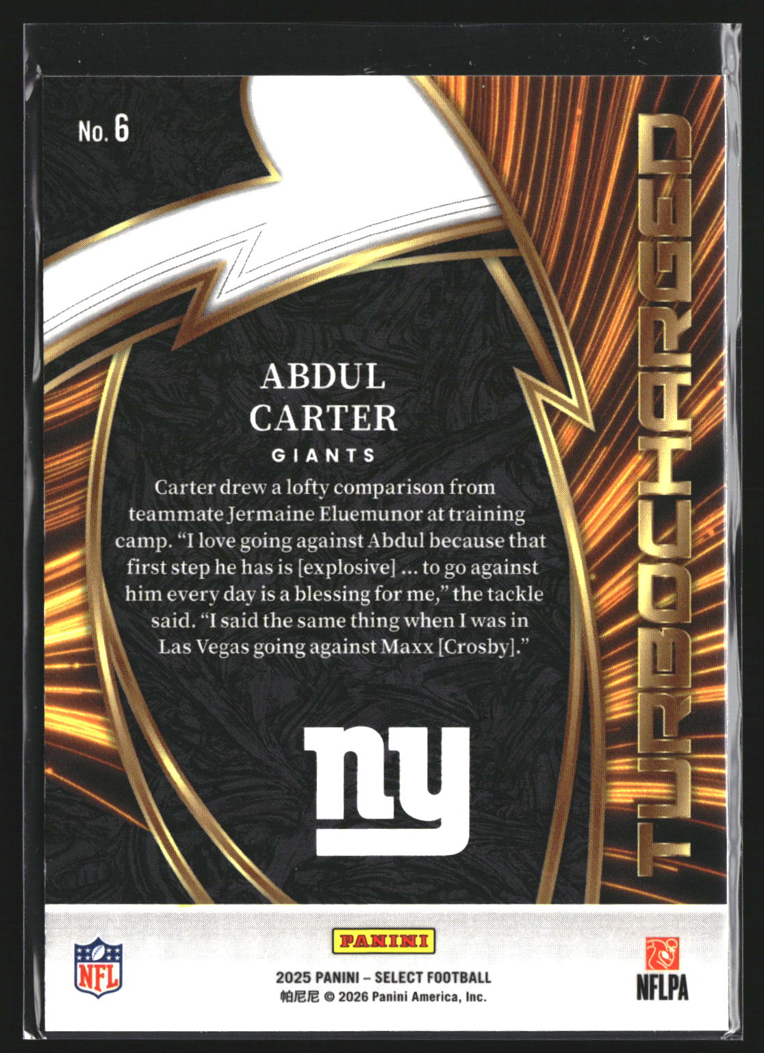 Abdul Carter 2025 Panini Select 6 Turbocharged New York Giants