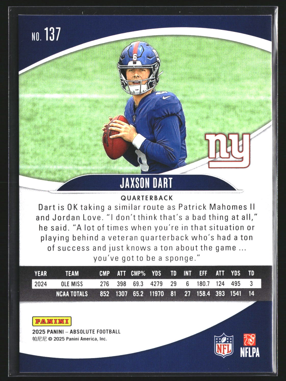 Jaxson Dart 2025 Panini Absolute Countdown Calendar 137 New York Giants