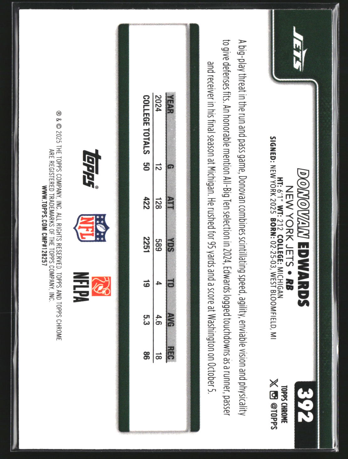Donovan Edwards 2025 Topps Chrome 392 Hot Pink X-Fractor RC RC New York Jets