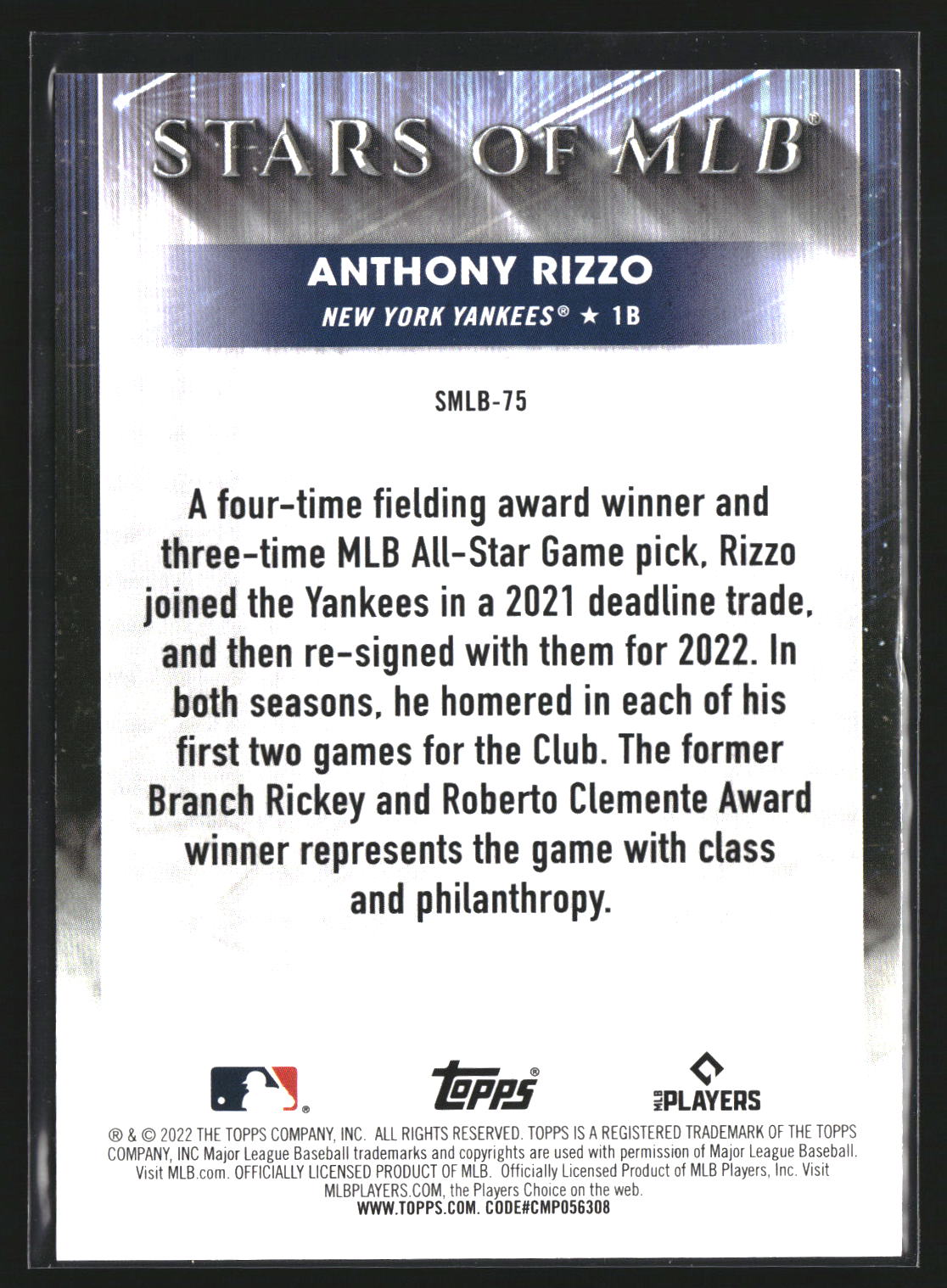 Anthony Rizzo 2022 Topps Update SMLBC-75 Stars of MLB Chrome New York Yankees