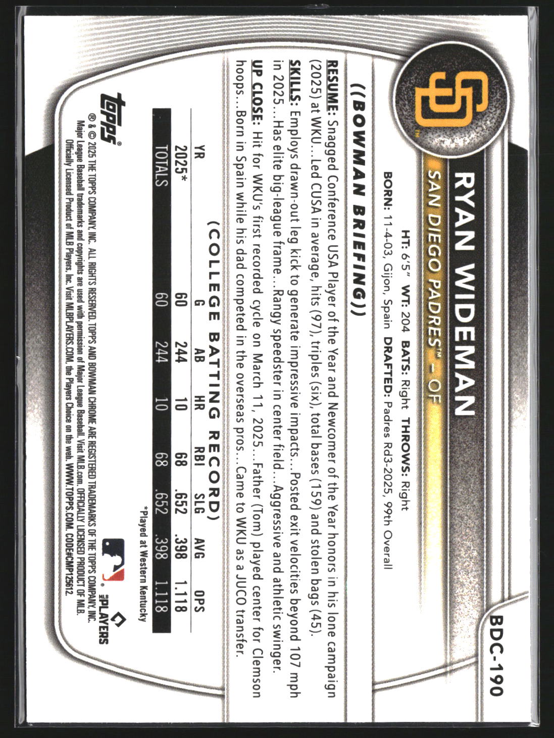 Ryan Wideman 2025 Bowman Draft BDC-190 Chrome San Diego Padres