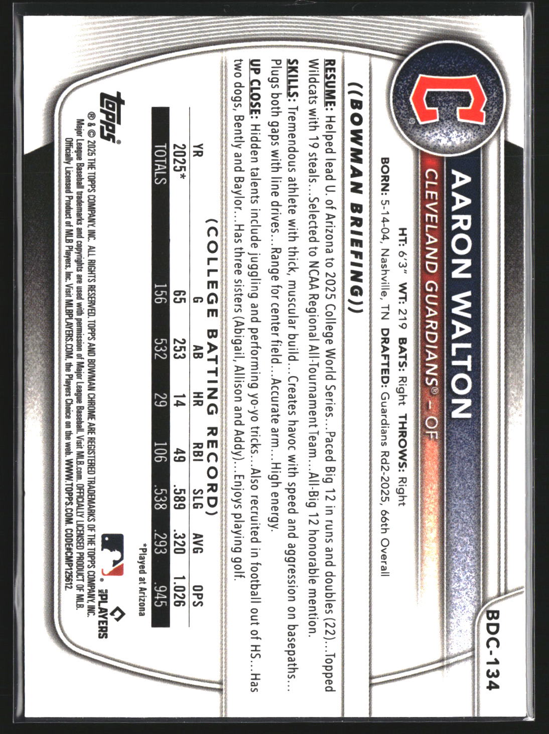 Aaron Walton 2025 Bowman Draft BDC-134 Chrome Cleveland Guardians