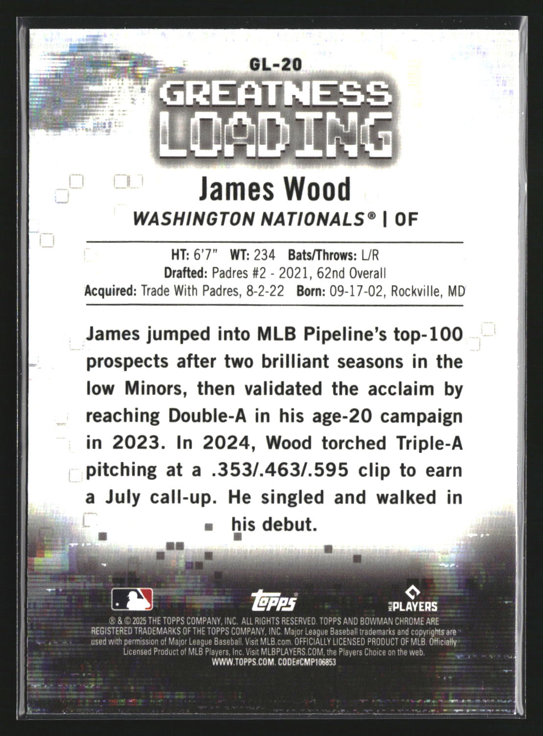 James Wood 2025 Bowman GL-20 Greatness Loading Washington Nationals