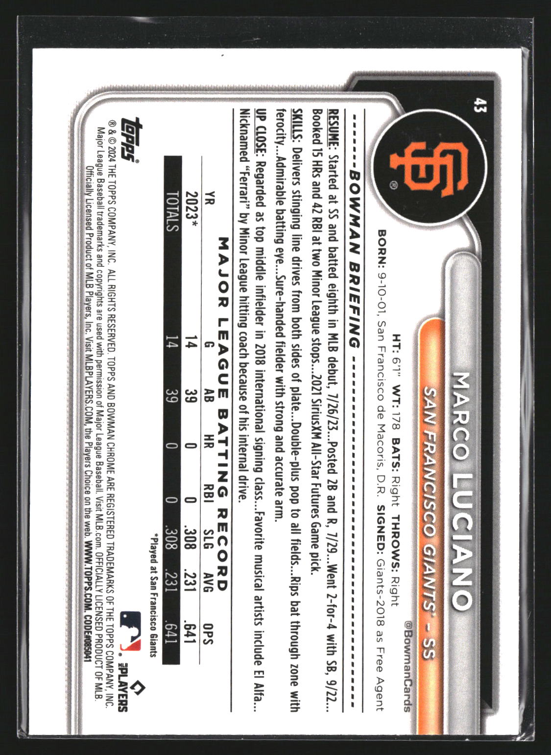 Marco Luciano 2024 Bowman Chrome 43 RC RC San Francisco Giants