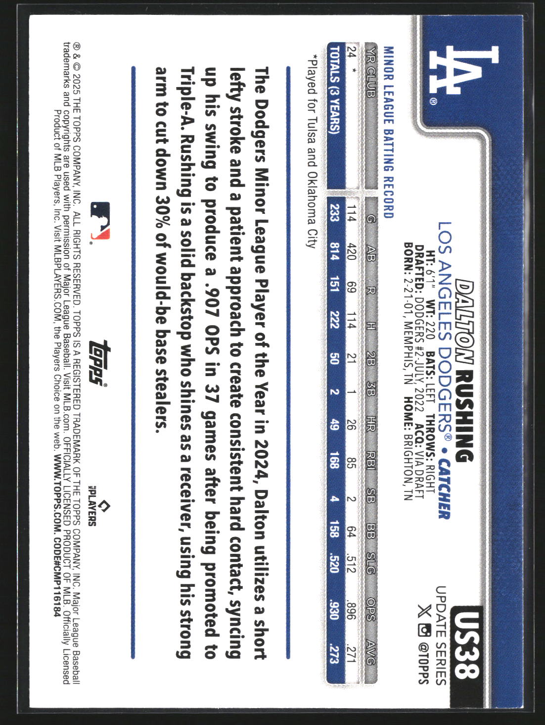 Dalton Rushing 2025 Topps Update US38 RC RC Los Angeles Dodgers