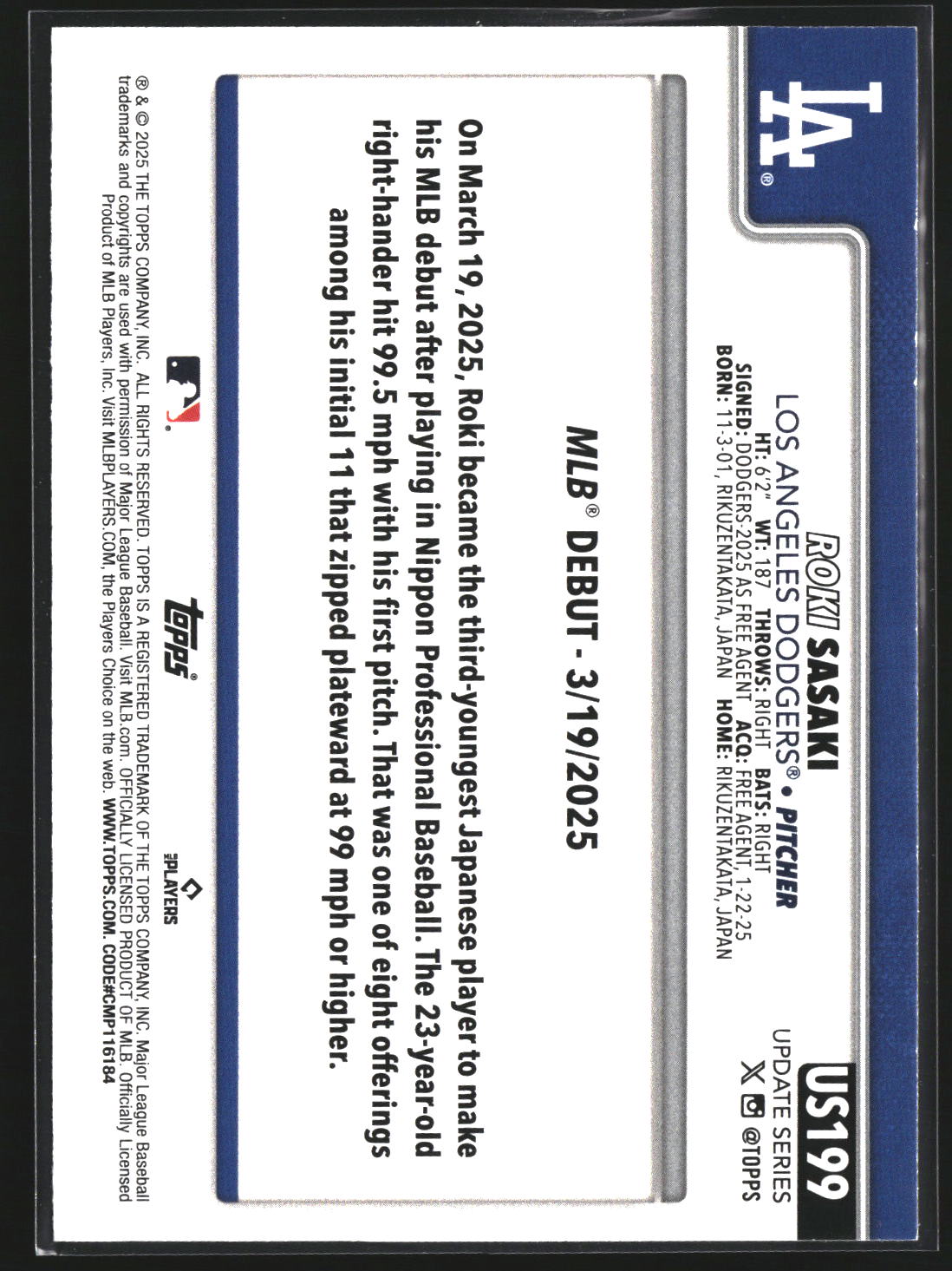 Roki Sasaki 2025 Topps Update US199 Los Angeles Dodgers