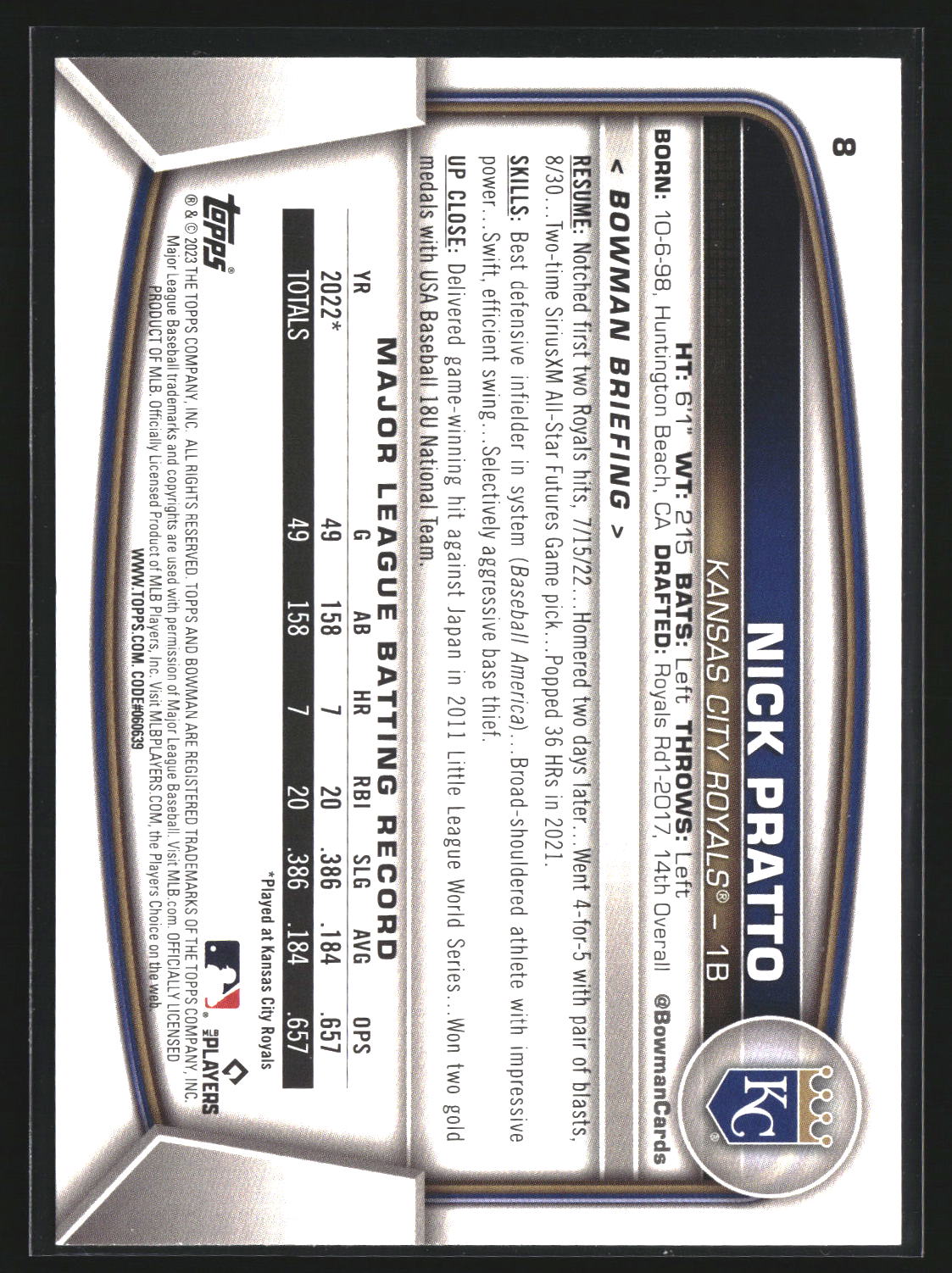 Nick Pratto 2023 Bowman 8 RC RC Kansas City Royals