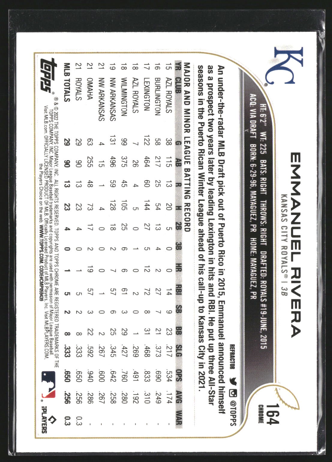 Emmanuel Rivera 2022 Topps Chrome 164 Refractor Kansas City Royals