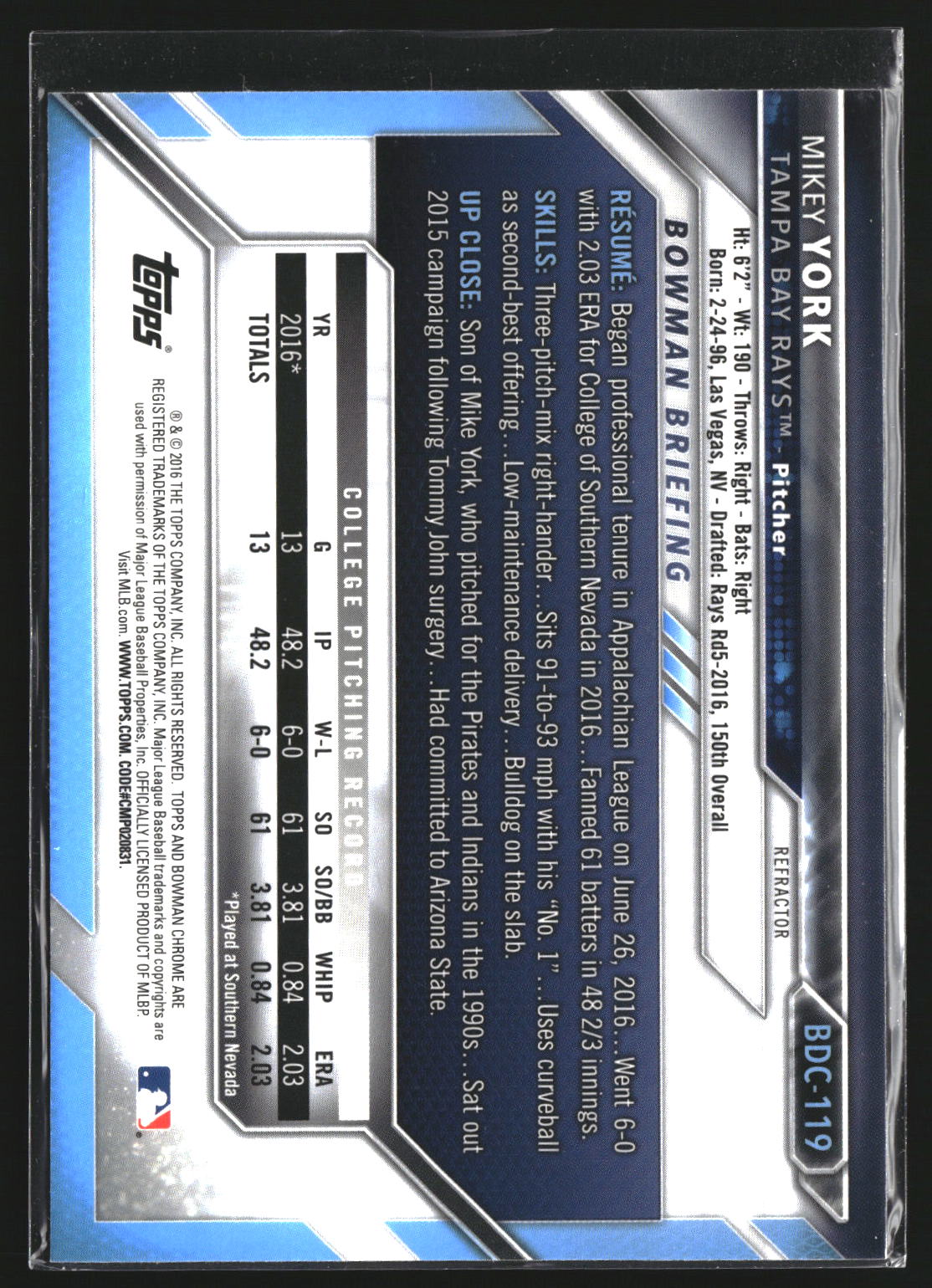 Mikey York 2016 Bowman Draft BDC-119 Chrome Refractor Tampa Bay Rays