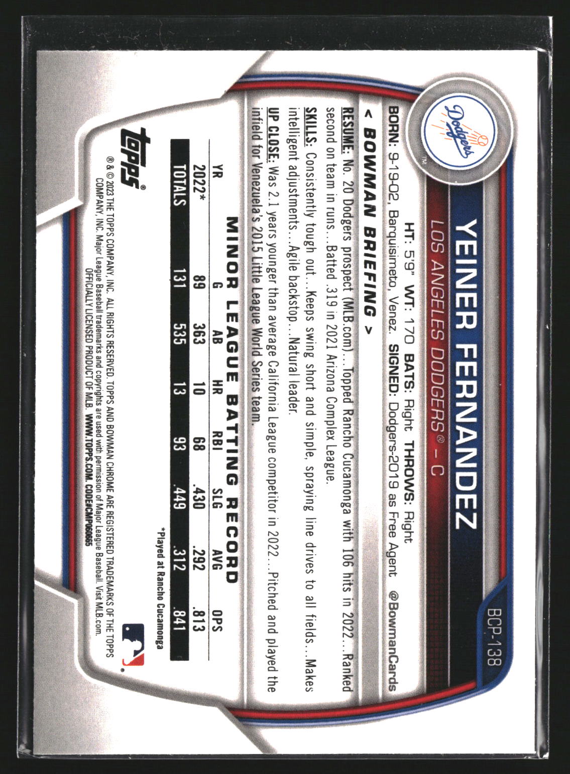 Yeiner Fernandez 2023 Bowman BCP-138 Chrome Prospects Los Angeles Dodgers