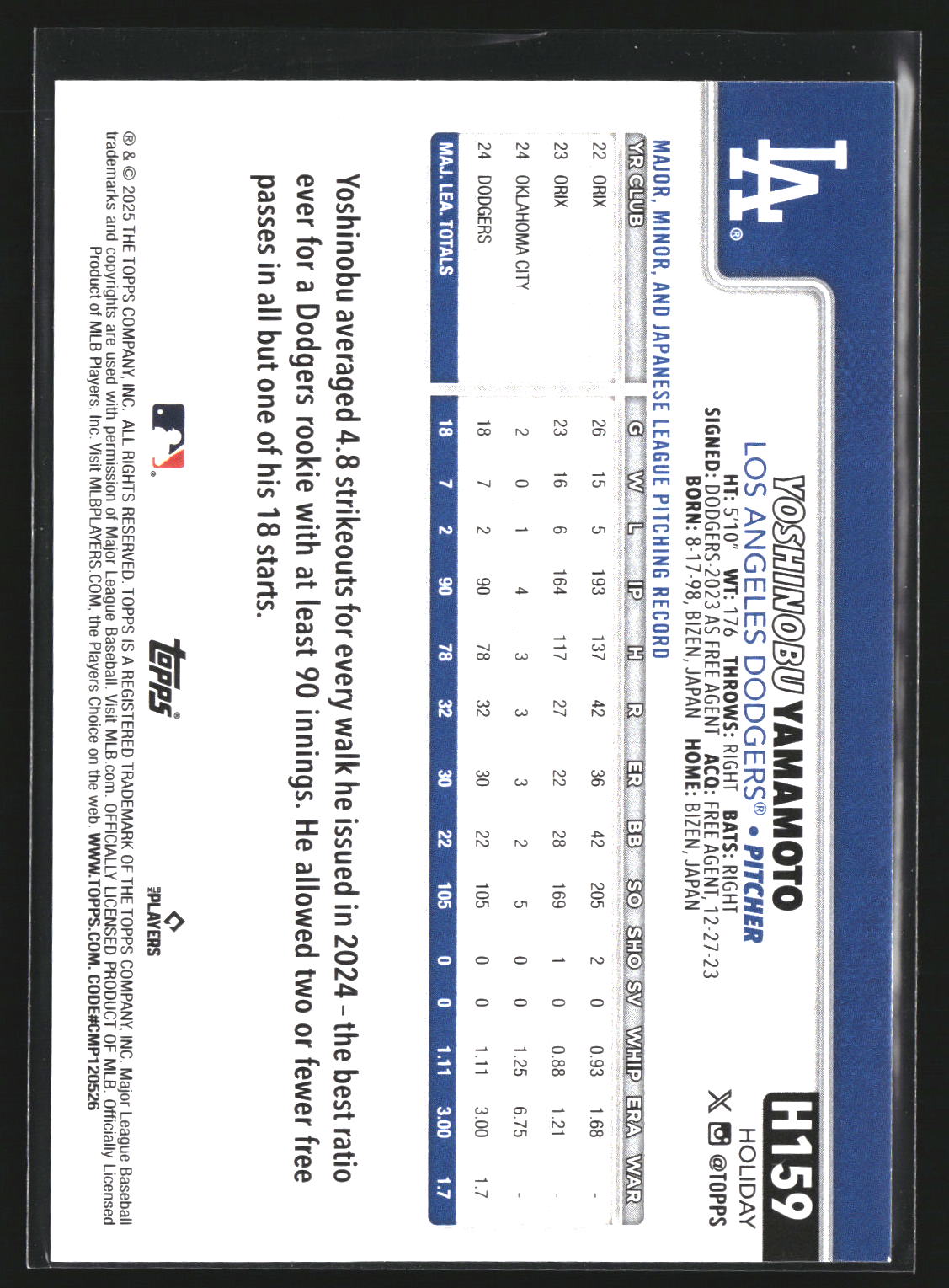 Yoshinobu Yamamoto 2025 Topps Holiday H159 Los Angeles Dodgers