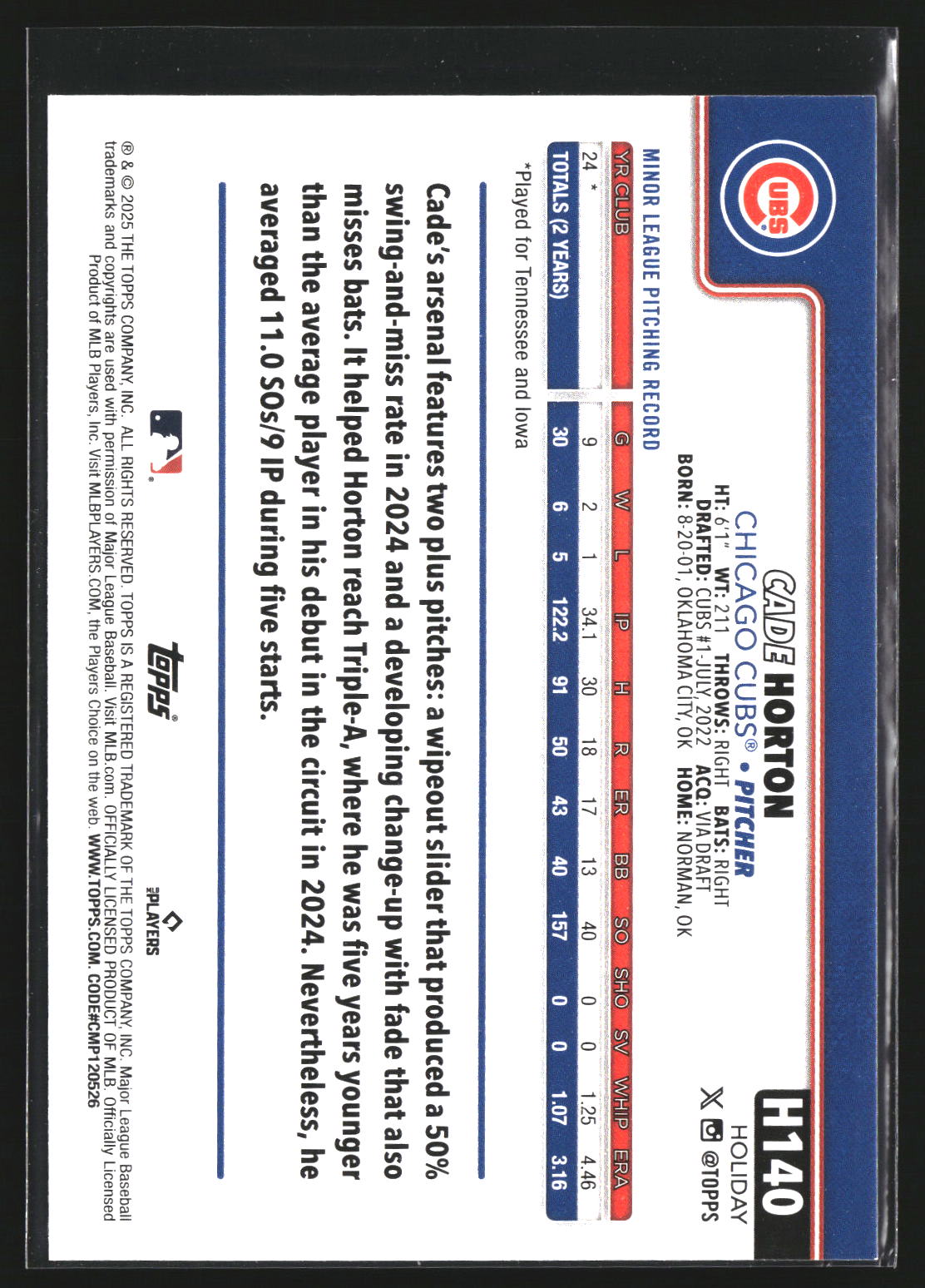 Cade Horton 2025 Topps Holiday H140 RC RC Chicago Cubs