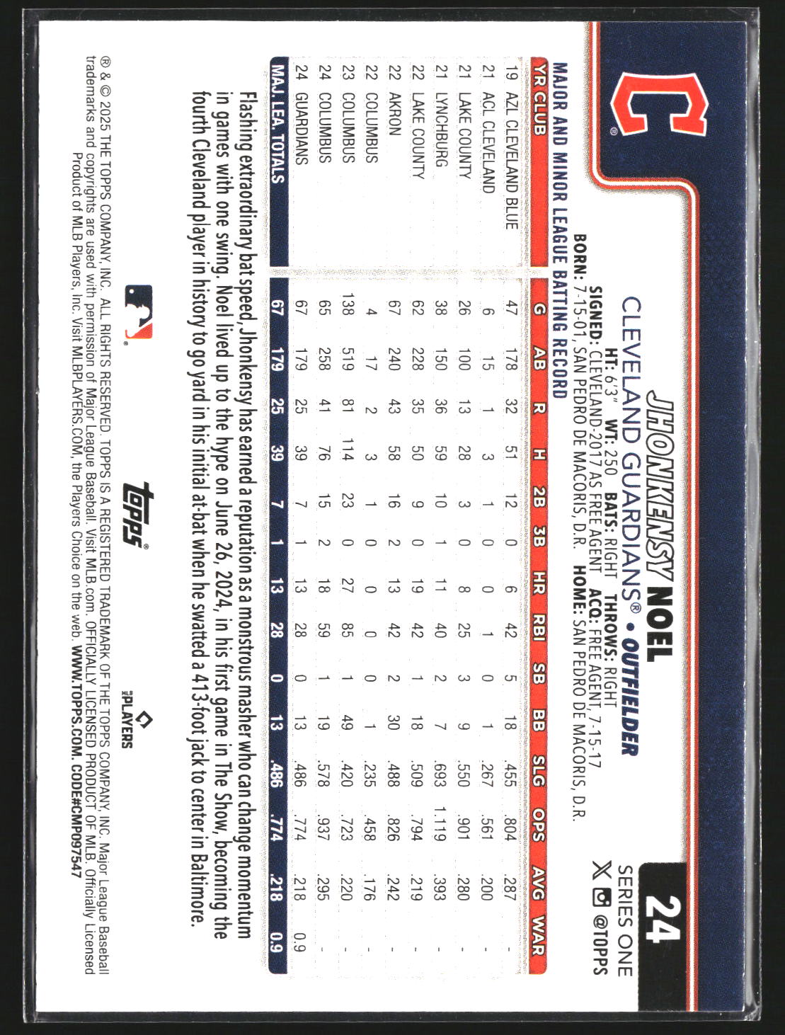 Jhonkensy Noel 2025 Topps 24 RC RC Cleveland Guardians
