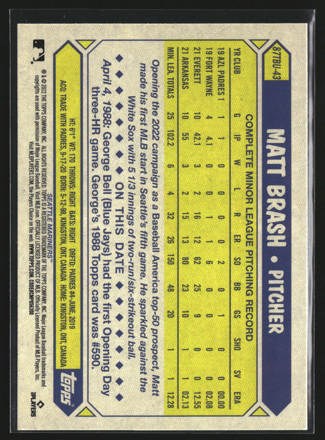 Matt Brash 2022 Topps Update 87TBU-43 1987 Topps Baseball 35th Mariners