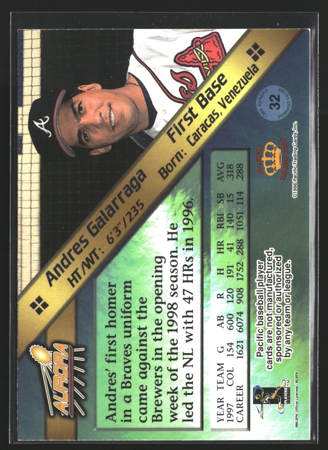 Andres Galarraga 1998 Pacific Aurora 32 Pennant Fever Atlanta Braves