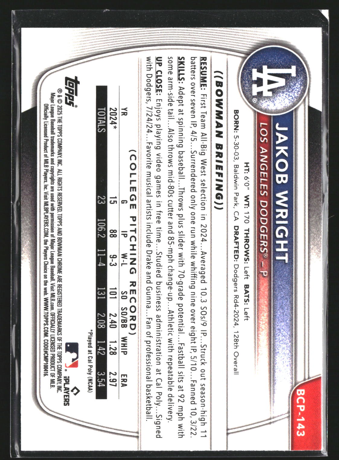 Jakob Wright 2025 Bowman BCP-143 Chrome Prospects Los Angeles Dodgers