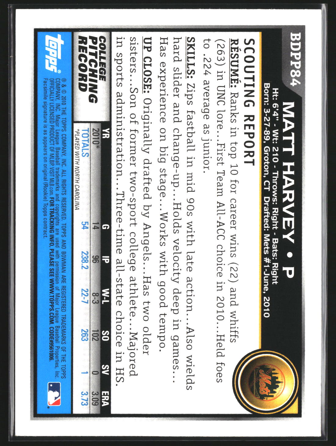 Matt Harvey 2010 Bowman Draft Picks & Prospects BDPP84 Prospects New York Mets
