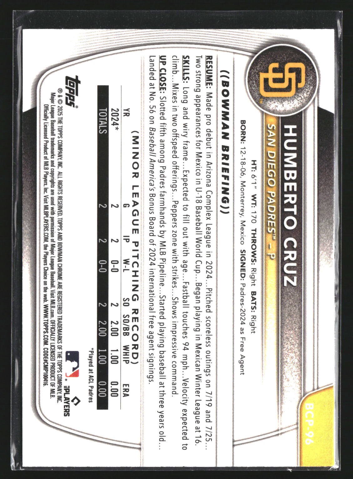 Humberto Cruz 2025 Bowman BCP-96 Chrome Prospects San Diego Padres