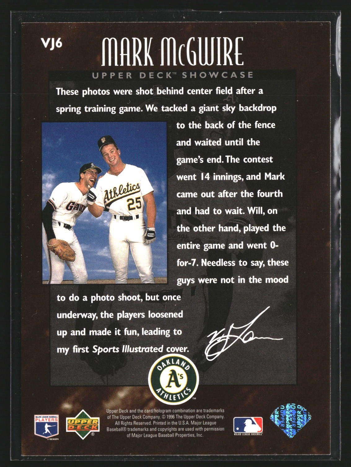 Mark McGwire 1996 Upper Deck VJ6 V.J. Lovero Collection Oakland Athletics