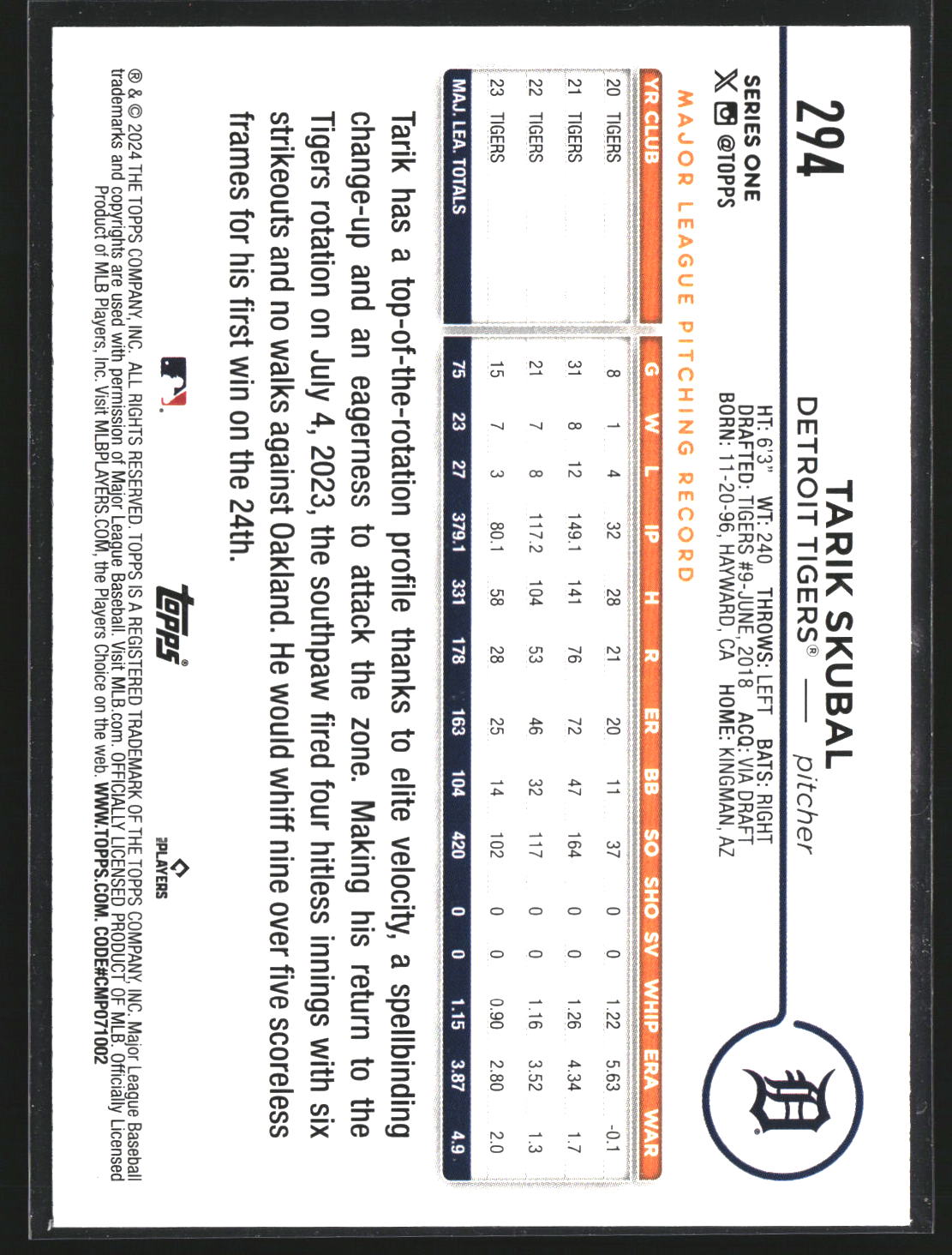 Tarik Skubal 2024 Topps 294 Gold Foil Detroit Tigers