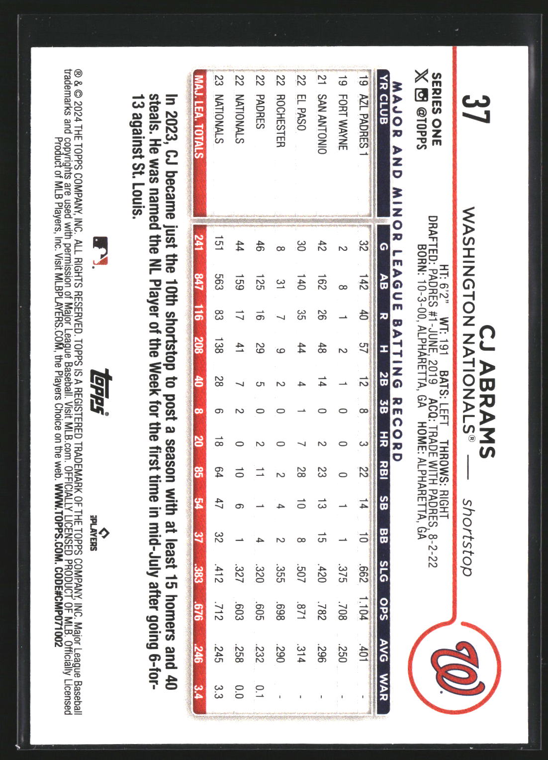 CJ Abrams 2024 Topps 37 Gold Foil Washington Nationals
