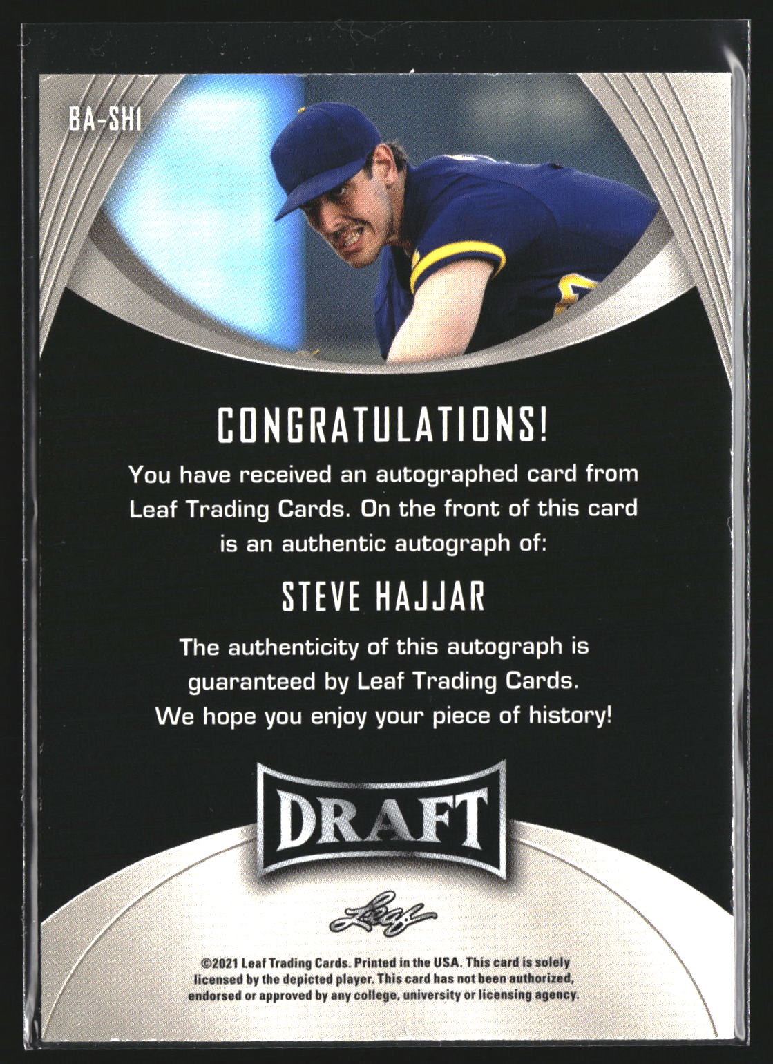 Steve Hajjar 2021 Leaf Draft BA-SH1 Autographs AU AU Minnesota Twins