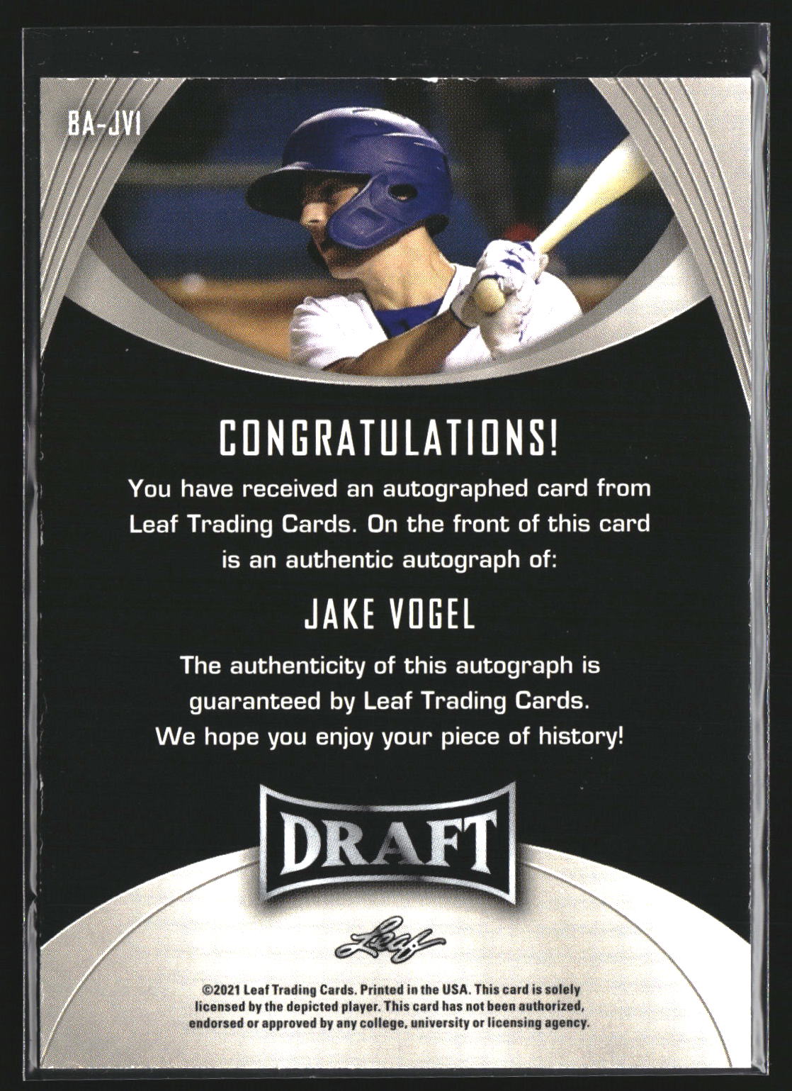 Jake Vogel 2021 Leaf Draft BA-JV1 Autographs AU AU Los Angeles Dodgers