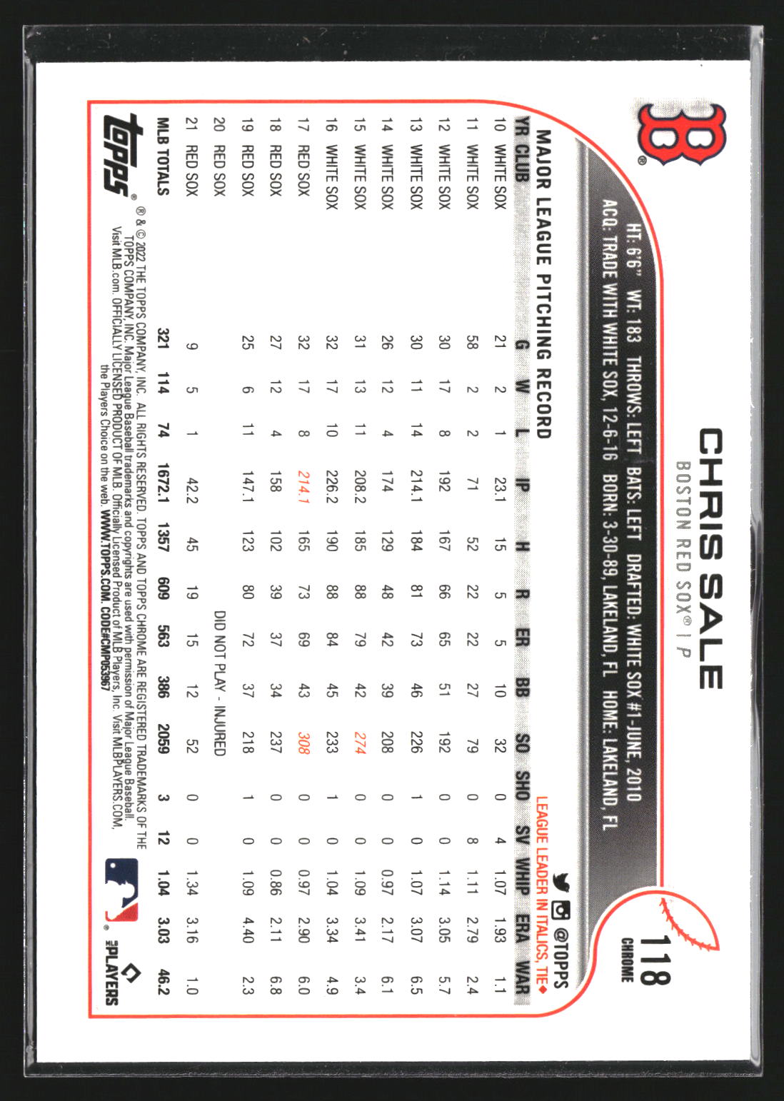 Chris Sale 2022 Topps Chrome Sonic 118 Prism Refractor Boston Red Sox