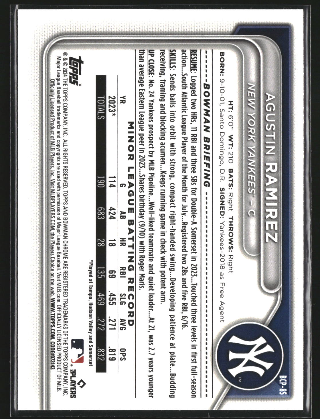 Agustin Ramirez 2024 Bowman BCP-85 Chrome Prosp Lunar Glow Refractors Yankees