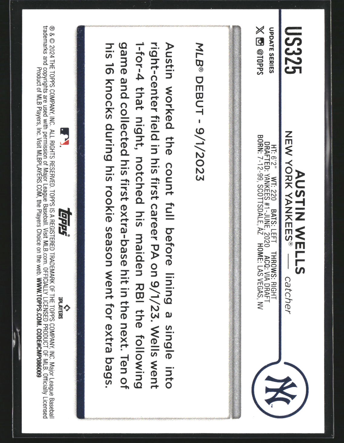 Austin Wells 2024 Topps Update US325 New York Yankees