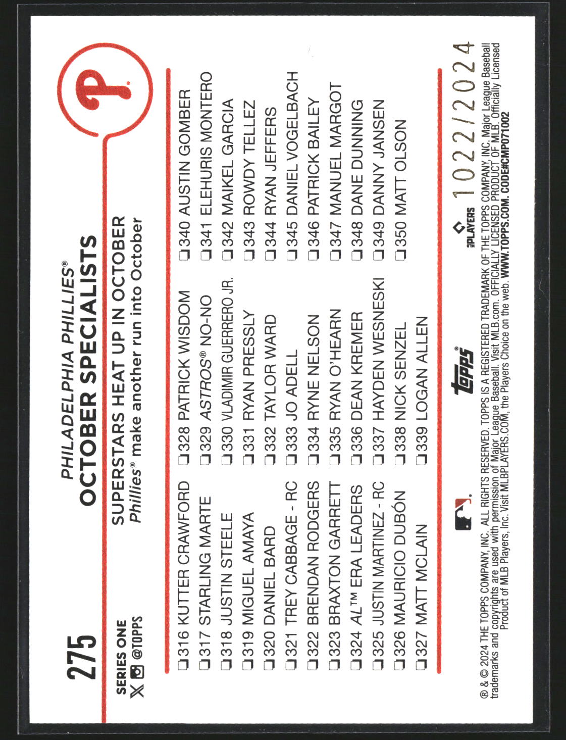 October Specialists: Superstars Heat Up October 2024 Topps 275 Gold SN Phillies