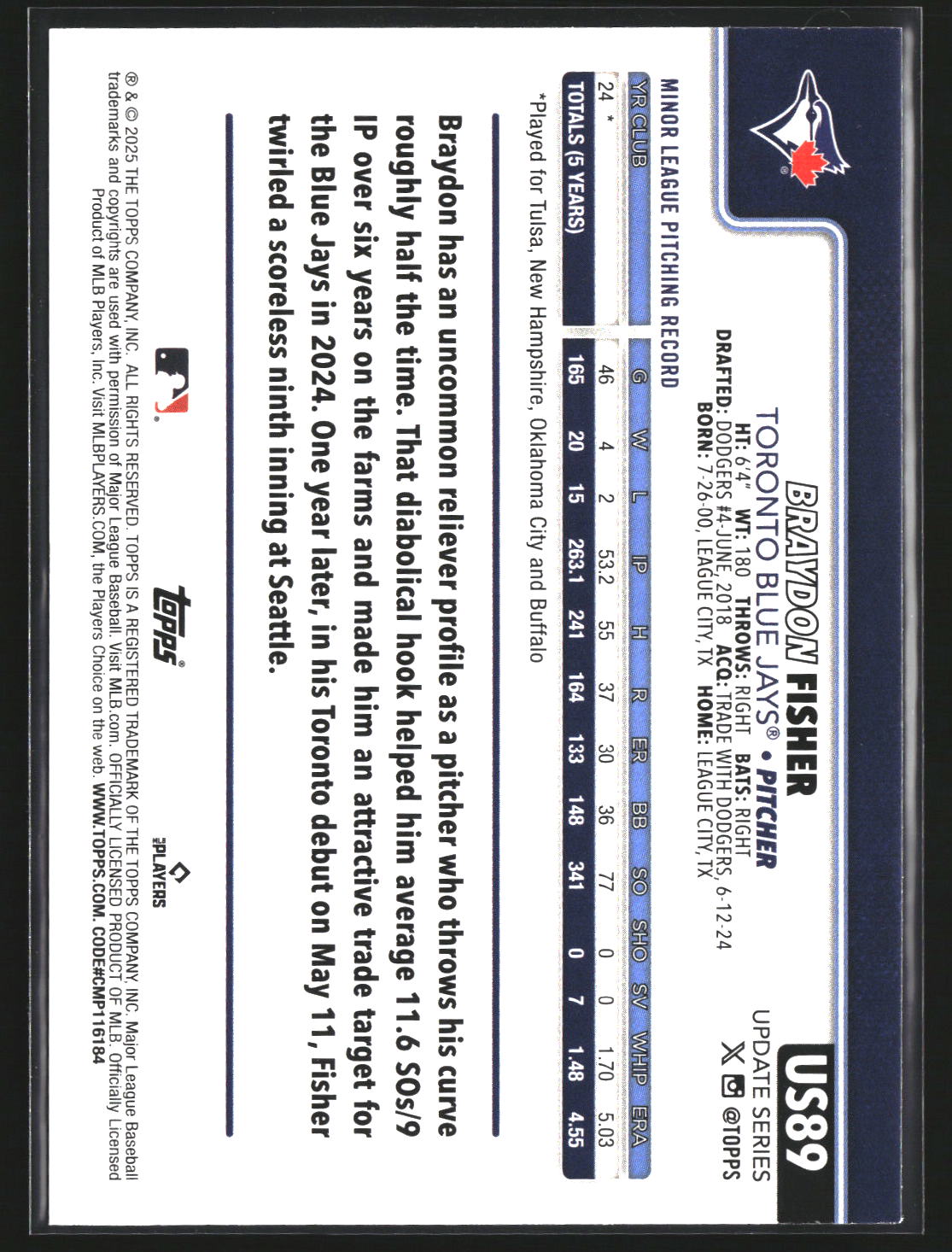 Braydon Fisher 2025 Topps Update US89 RC RC Toronto Blue Jays
