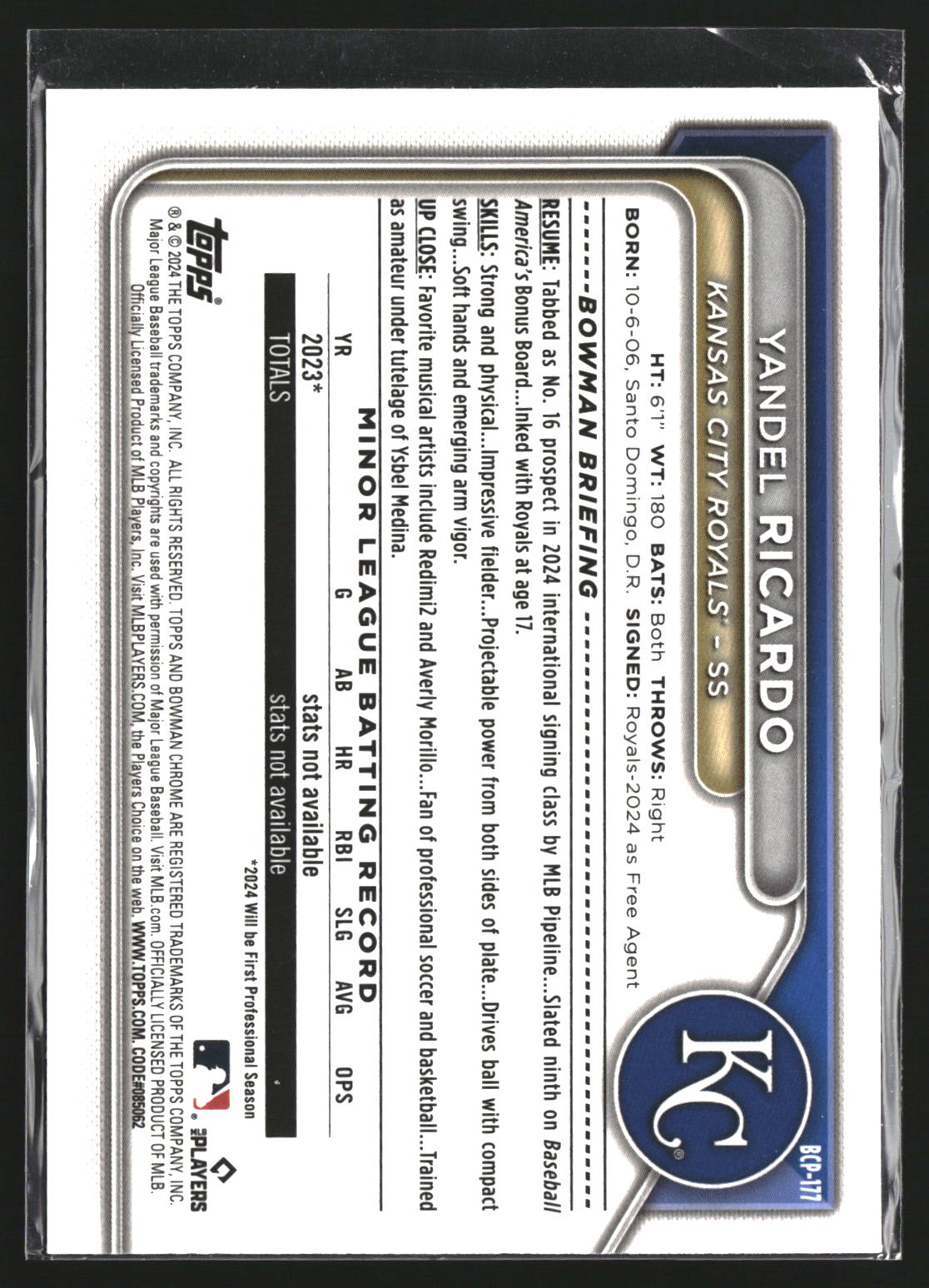 Yandel Ricardo 2024 Bowman Chrome BCP-177 Prospects Kansas City Royals