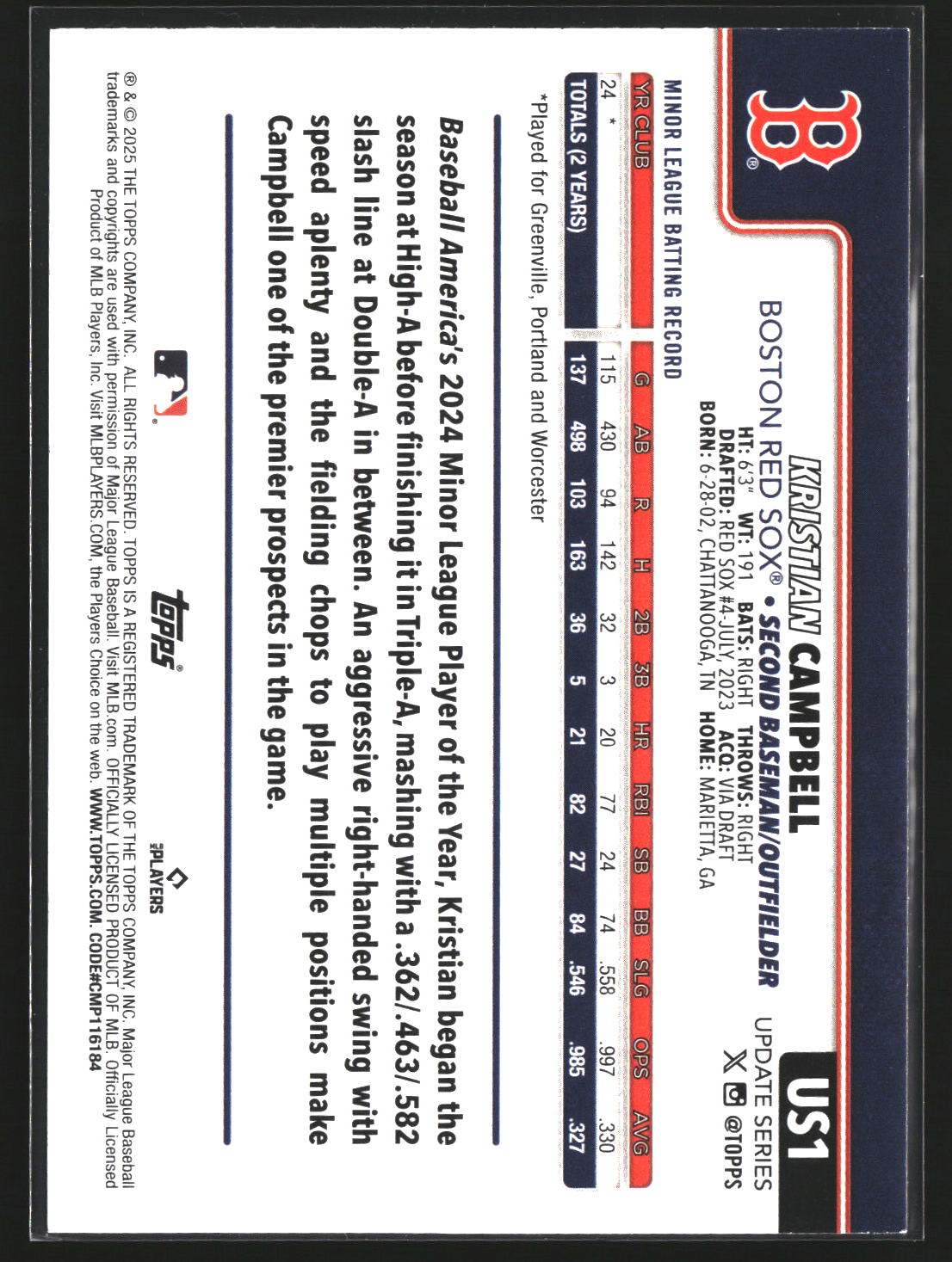 Kristian Campbell 2025 Topps Update US1 RC RC Boston Red Sox