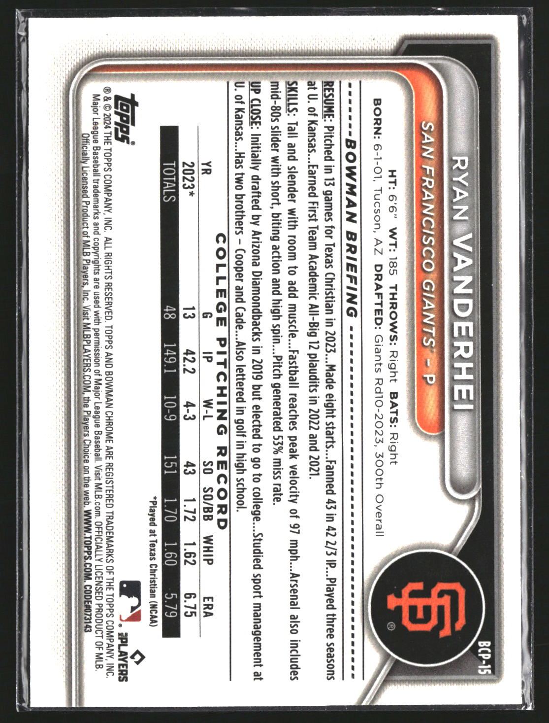 Ryan Vanderhei 2024 Bowman BCP-15 Chrome Prospects San Francisco Giants