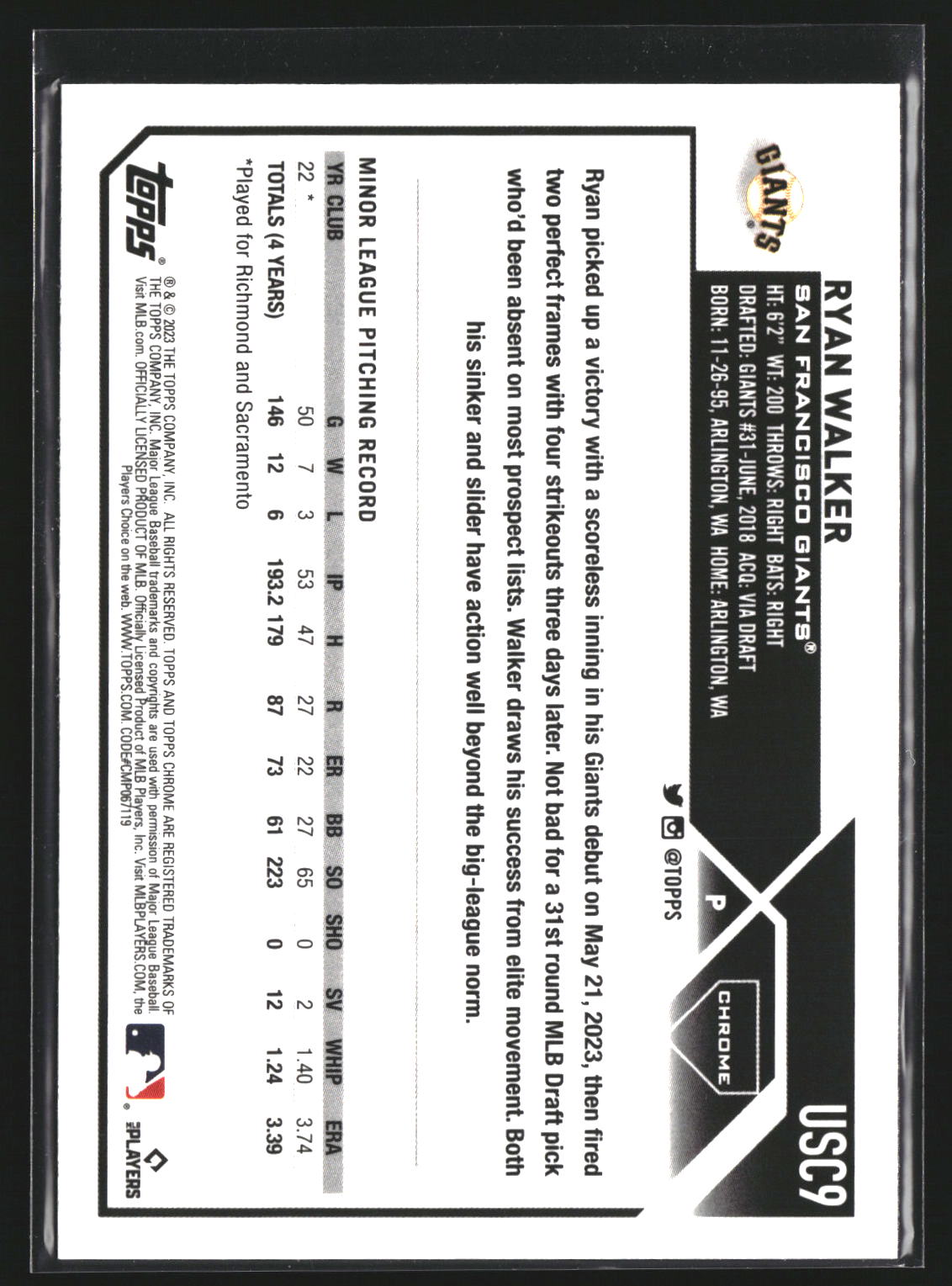 Ryan Walker 2023 Topps Chrome Update USC9 RC RC San Francisco Giants