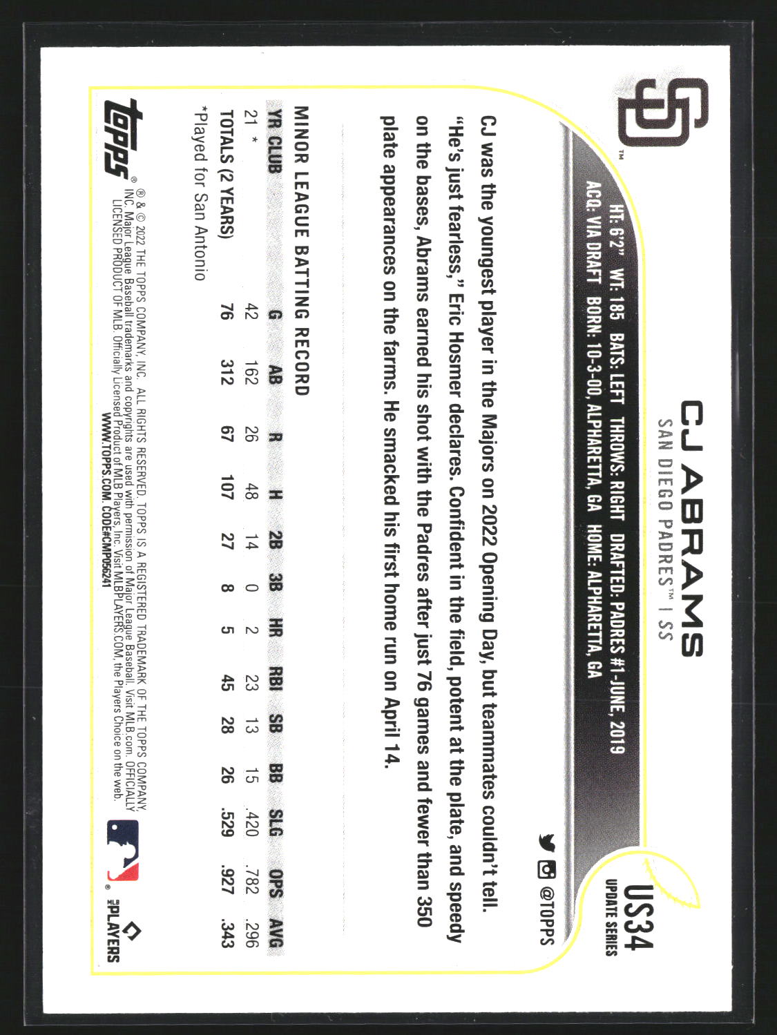 CJ Abrams 2022 Topps Update US34 RC RC San Diego Padres