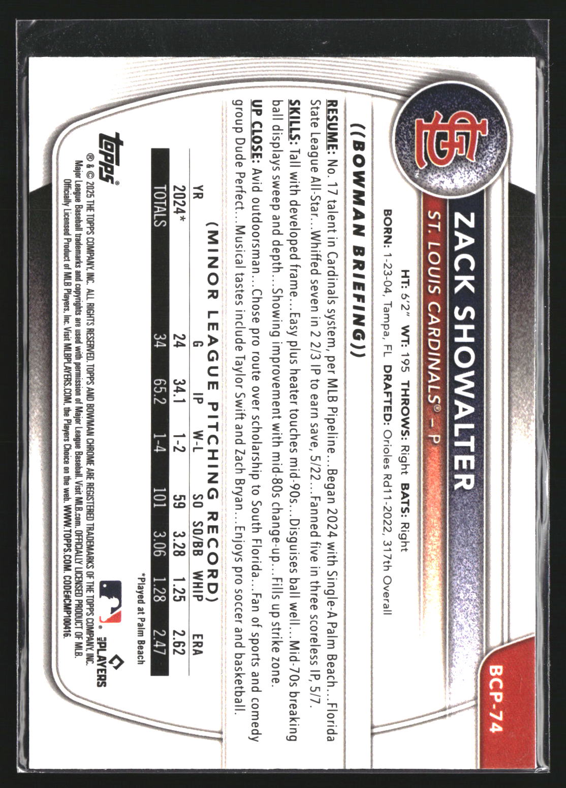 Zack Showalter 2025 Bowman BCP-74 Chrome Prospects St. Louis Cardinals