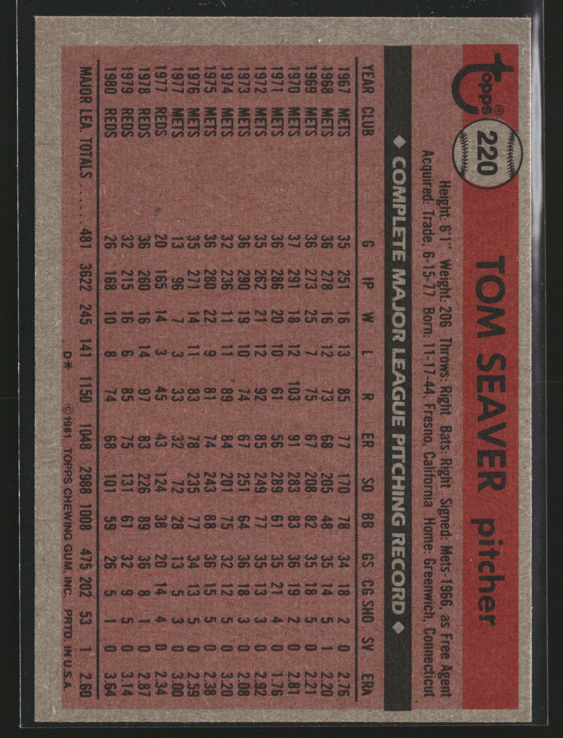 Tom Seaver 1981 Topps 220 Cincinnati Reds Excellent