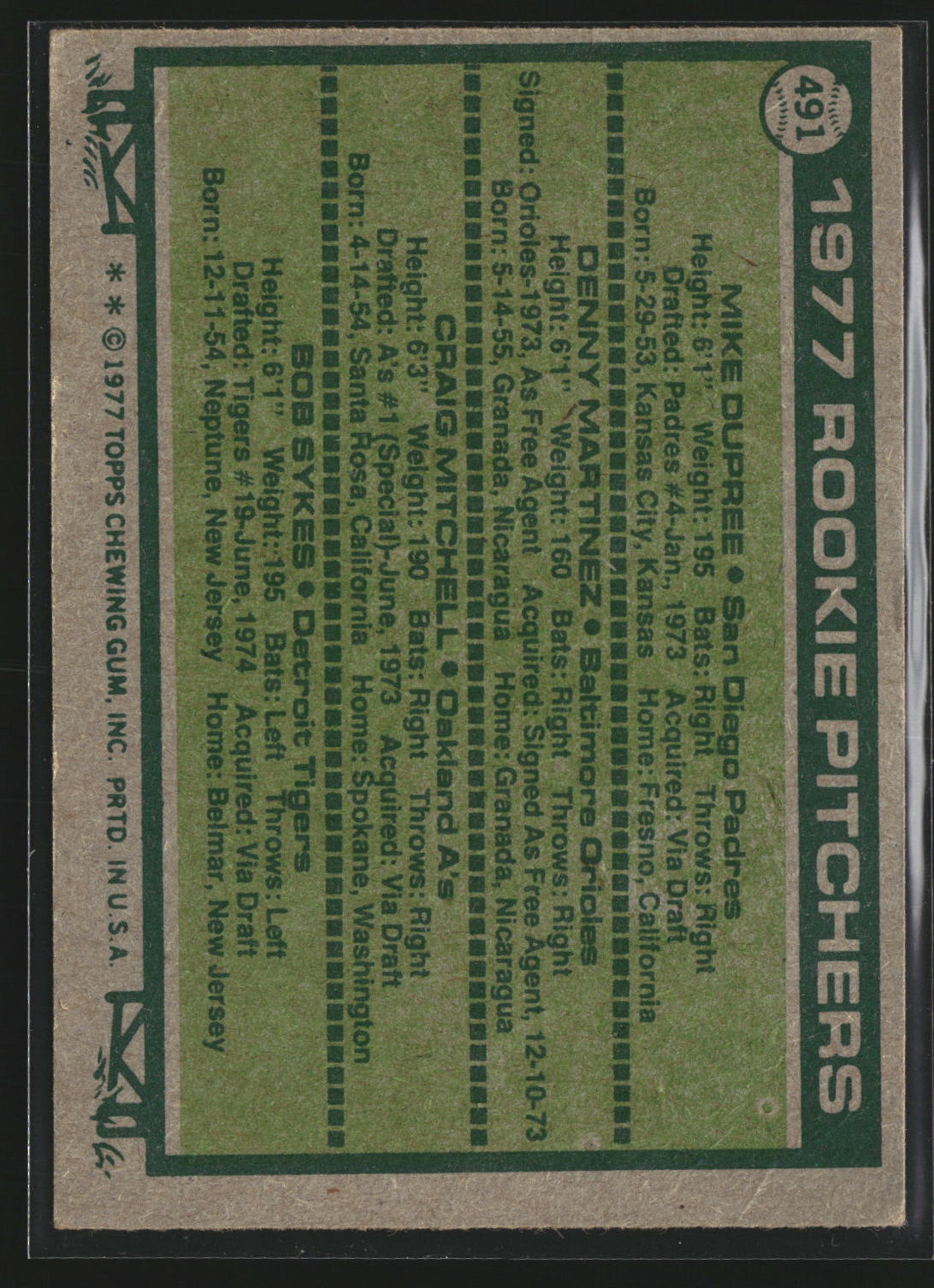 1977 Rookie Pitchers (Mike Dupree Martinez Mitchell Sykes) 1977 Topps 491 RC